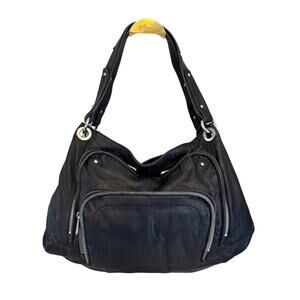 Perlina Hobo Shoulder Bag OS Black Leather Multi Pocket Shoulder Purse Slouchy